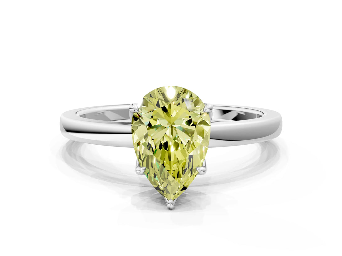 White gold Fancy Yellow Pear  Solitaire Diamond Ring with Thin Band and Four-Prong Setting_96