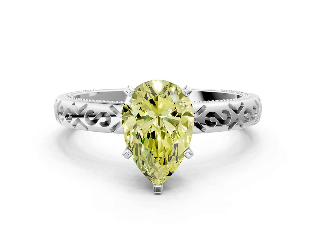 White gold Fancy Yellow Pear  Solitaire Engagement Ring with Scrollwork Band and Four-Prong Setting_113
