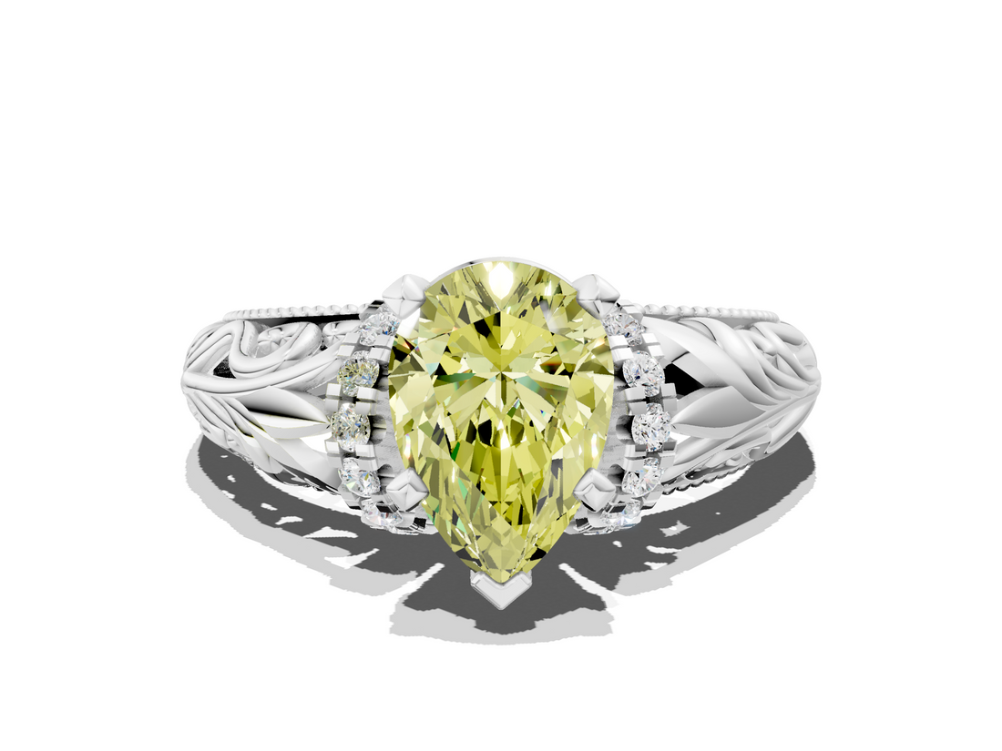 White gold Fancy Yellow Pear  Solitaire Filigree Engagement Ring with Halo and Prong Setting_70