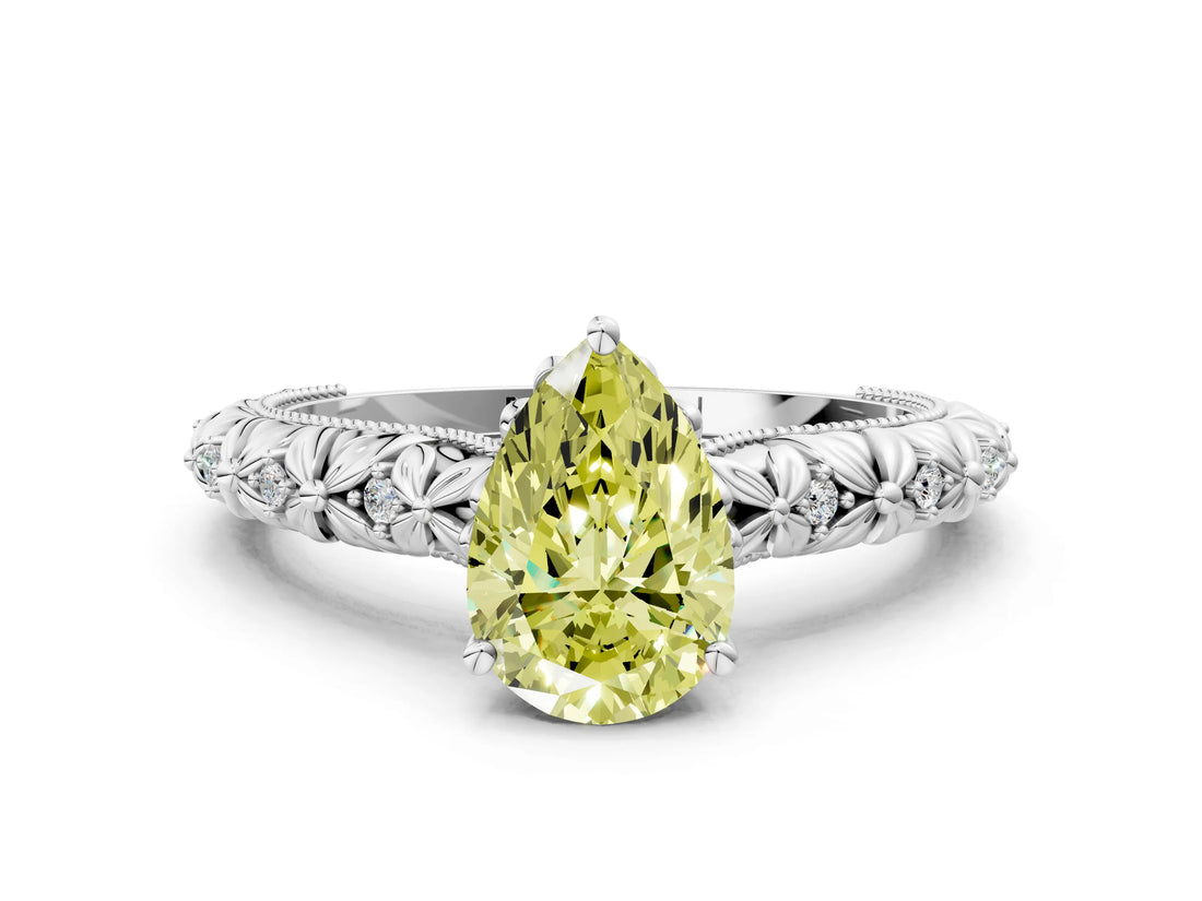 White gold Fancy Yellow Pear  Solitaire Floral Milgrain Engagement Ring_48