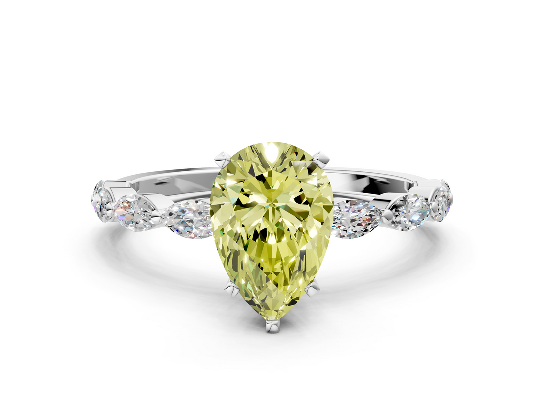White gold Fancy Yellow Pear  Solitaire Marquise Side Stone Prong Setting Ring_60