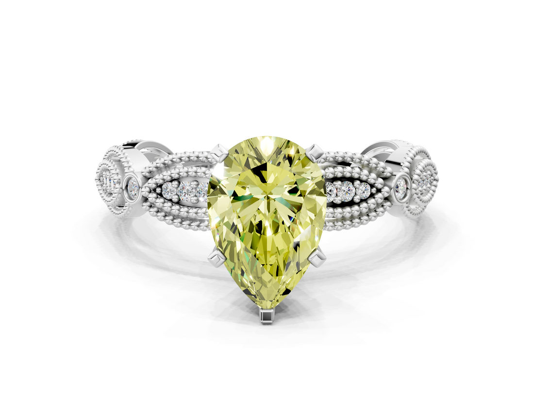 White gold Fancy Yellow Pear  Solitaire Milgrain Diamond Engagement Ring with Bezel and Marquise Band_143