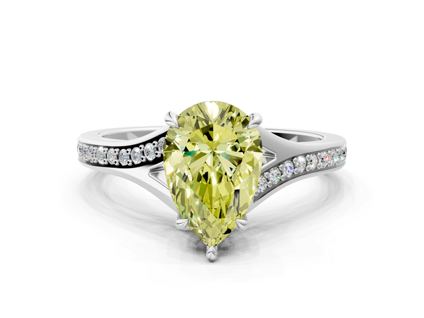 White gold Fancy Yellow Pear Cut Diamond Solitaire Ring with Pavé Band and Prong Setting