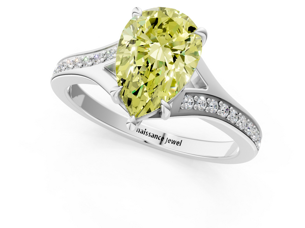 White gold Fancy Yellow Pear Cut Diamond Solitaire Ring with Pavé Band and Prong Setting