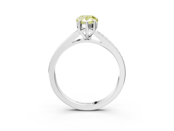 White gold Fancy Yellow Pear Cut Diamond Solitaire Ring with Pavé Band and Prong Setting