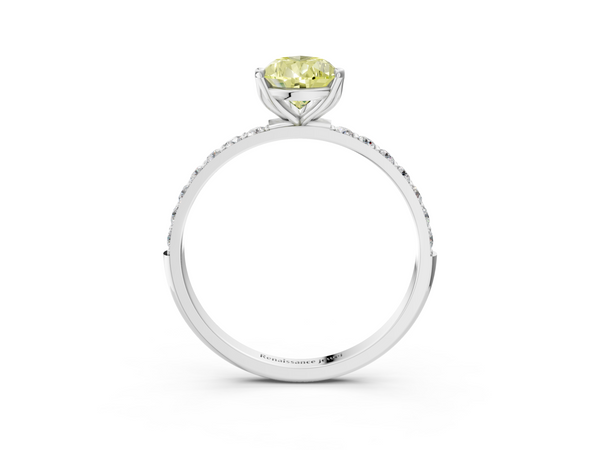 Platinum Fancy Yellow Pear Cut Diamond Solitaire Engagement Ring with Round  Pavé Band and Prong Setting