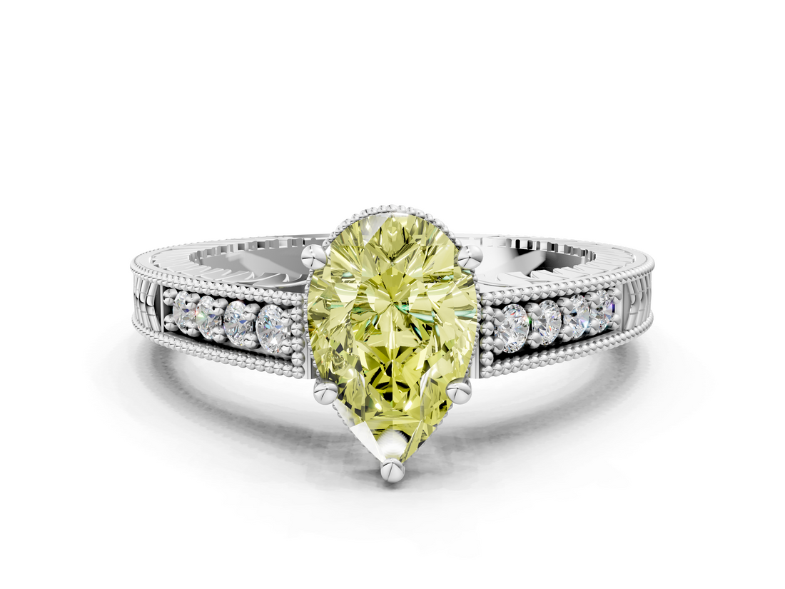 White gold Fancy Yellow Pear  Solitaire Pavé Diamond Milgrain Engagement Ring with Four-Prong Setting_3
