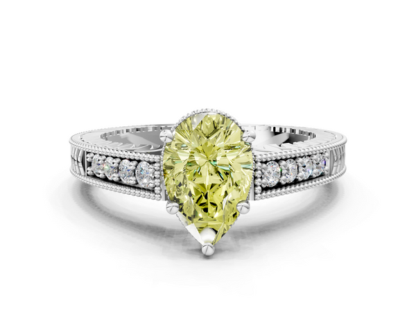 Platinum Fancy Yellow Pear  Solitaire Pavé Diamond Milgrain Engagement Ring with Four-Prong Setting