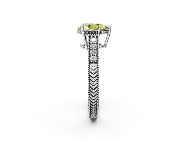 Platinum Fancy Yellow Pear  Solitaire Pavé Diamond Milgrain Engagement Ring with Four-Prong Setting