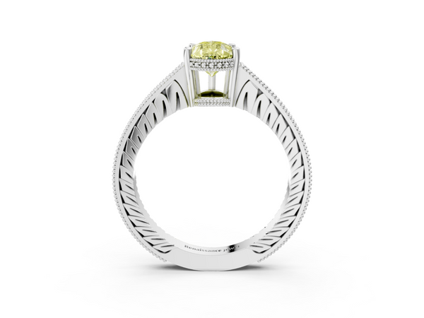 Platinum Fancy Yellow Pear  Solitaire Pavé Diamond Milgrain Engagement Ring with Four-Prong Setting
