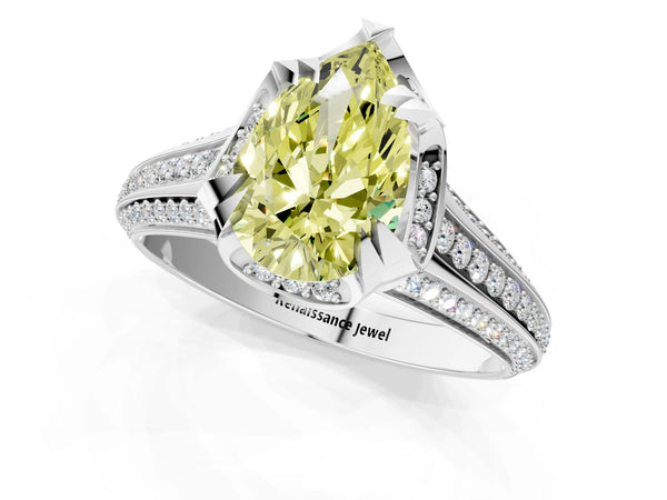 White gold Fancy Yellow Pear  Solitaire Pave Split Shank Ring with Four-Prong Setting
