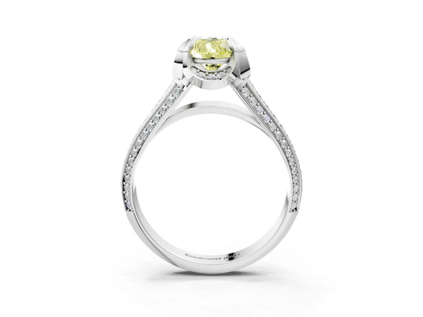 White gold Fancy Yellow Pear  Solitaire Pave Split Shank Ring with Four-Prong Setting