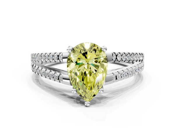 White gold Fancy Yellow Pear Cut Diamond Solitaire Engagement Ring with Split Shank Pavé Band