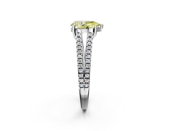 White gold Fancy Yellow Pear Cut Diamond Solitaire Engagement Ring with Split Shank Pavé Band
