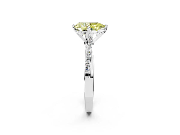 Platinum Fancy Yellow Pear  Solitaire Twist Band with Pavé Diamonds and Four-Prong Setting