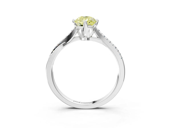 Platinum Fancy Yellow Pear  Solitaire Twist Band with Pavé Diamonds and Four-Prong Setting