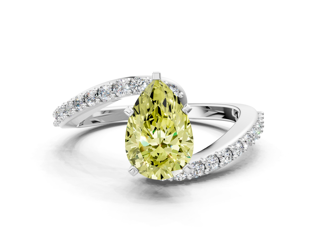 White gold Fancy Yellow Pear  Solitaire Twist Band with Pave Set Diamonds and Four-Prong Setting_108