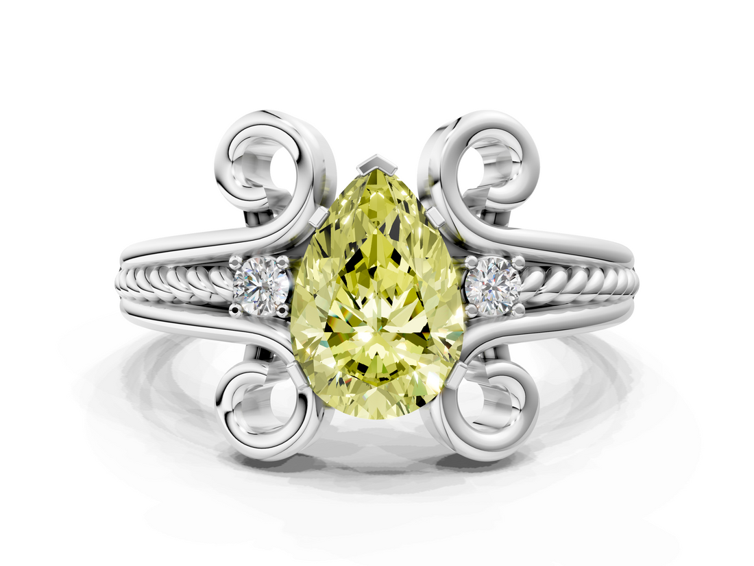 White gold Fancy Yellow Pear  Solitaire Twisted Band Scroll Prong Ring_3