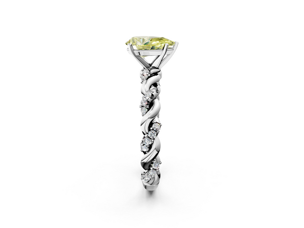 White gold Fancy Yellow Pear Cut Diamond Solitaire Ring with Twisted Band and Pavé Accents