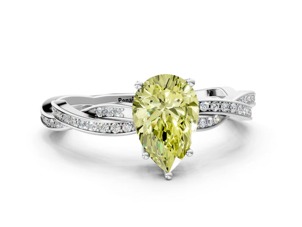 White gold Fancy Yellow Pear  Solitaire Twisted Pave Diamond Ring with Four-Prong Setting