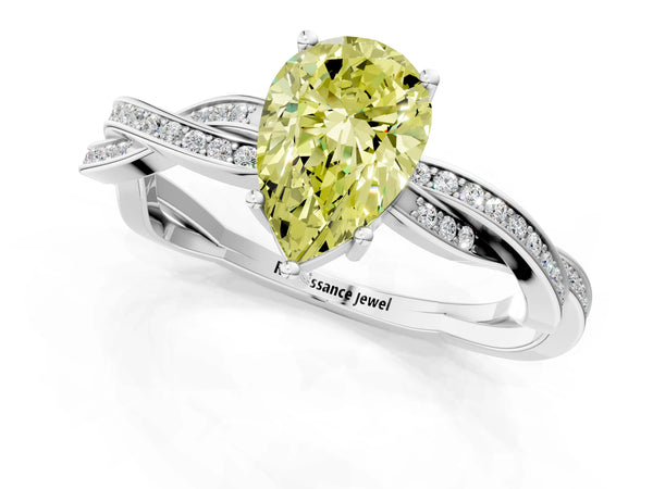 White gold Fancy Yellow Pear  Solitaire Twisted Pave Diamond Ring with Four-Prong Setting
