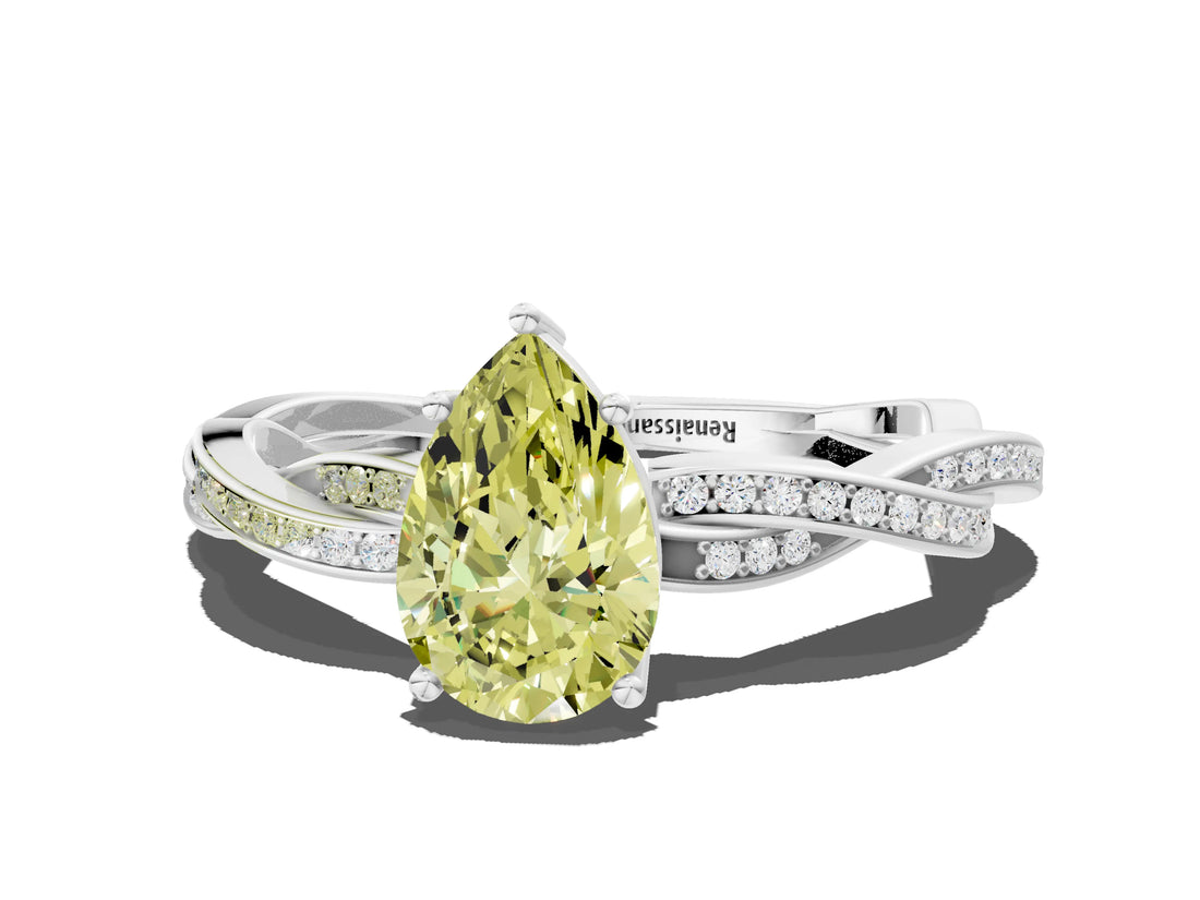 White gold Fancy Yellow Pear  Solitaire Twisted Pave Diamond Ring with Four-Prong Setting_176