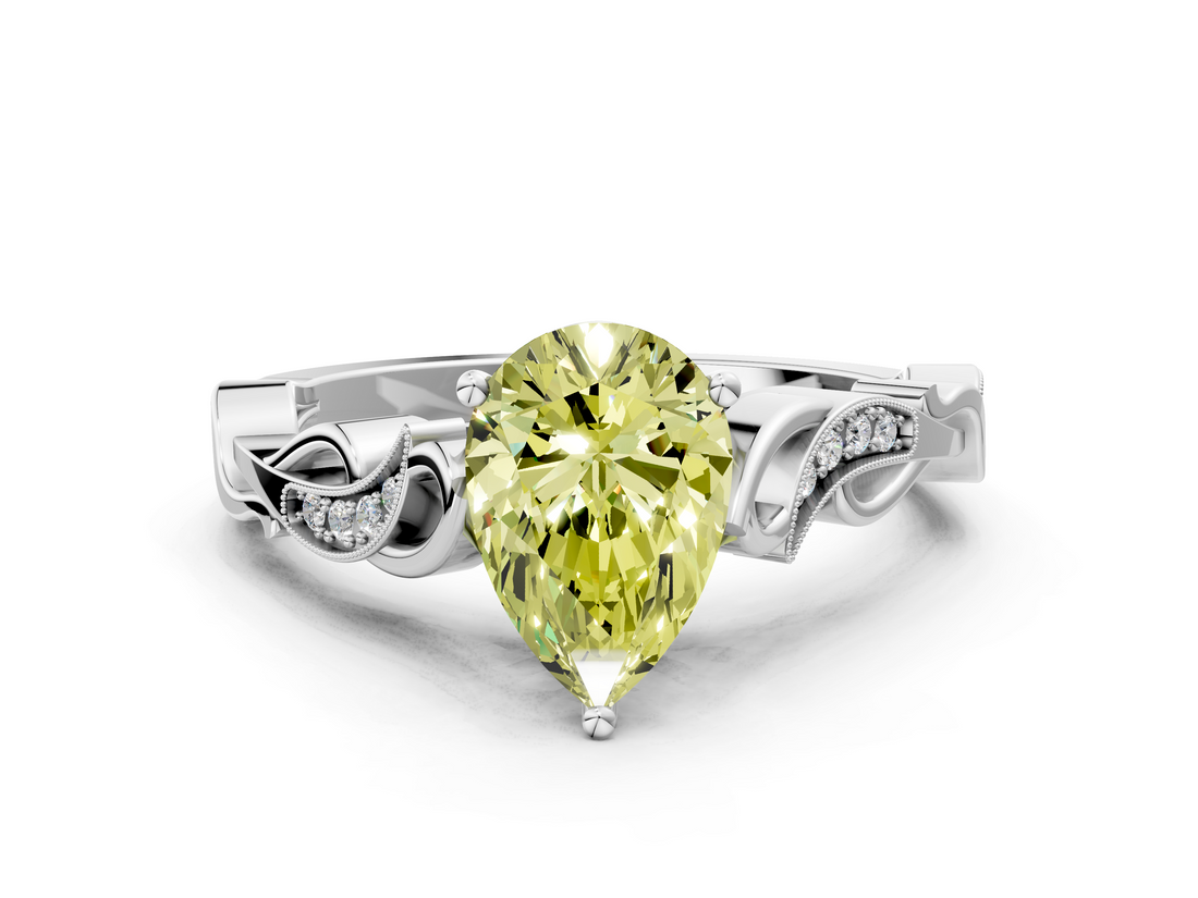 White gold Fancy Yellow Pear  Solitaire Vine Band with Milgrain Prong Setting_3