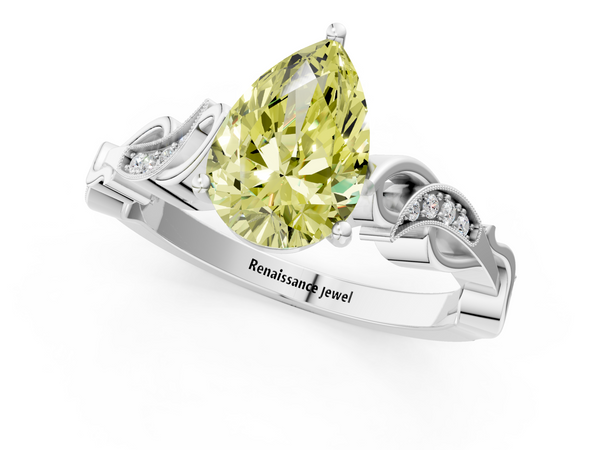 White gold Fancy Yellow Pear  Solitaire Vine Band with Milgrain Prong Setting