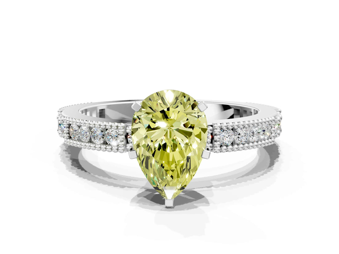 White gold Fancy Yellow Pear  Solitaire with Pavé Band and Four-Prong Setting_346