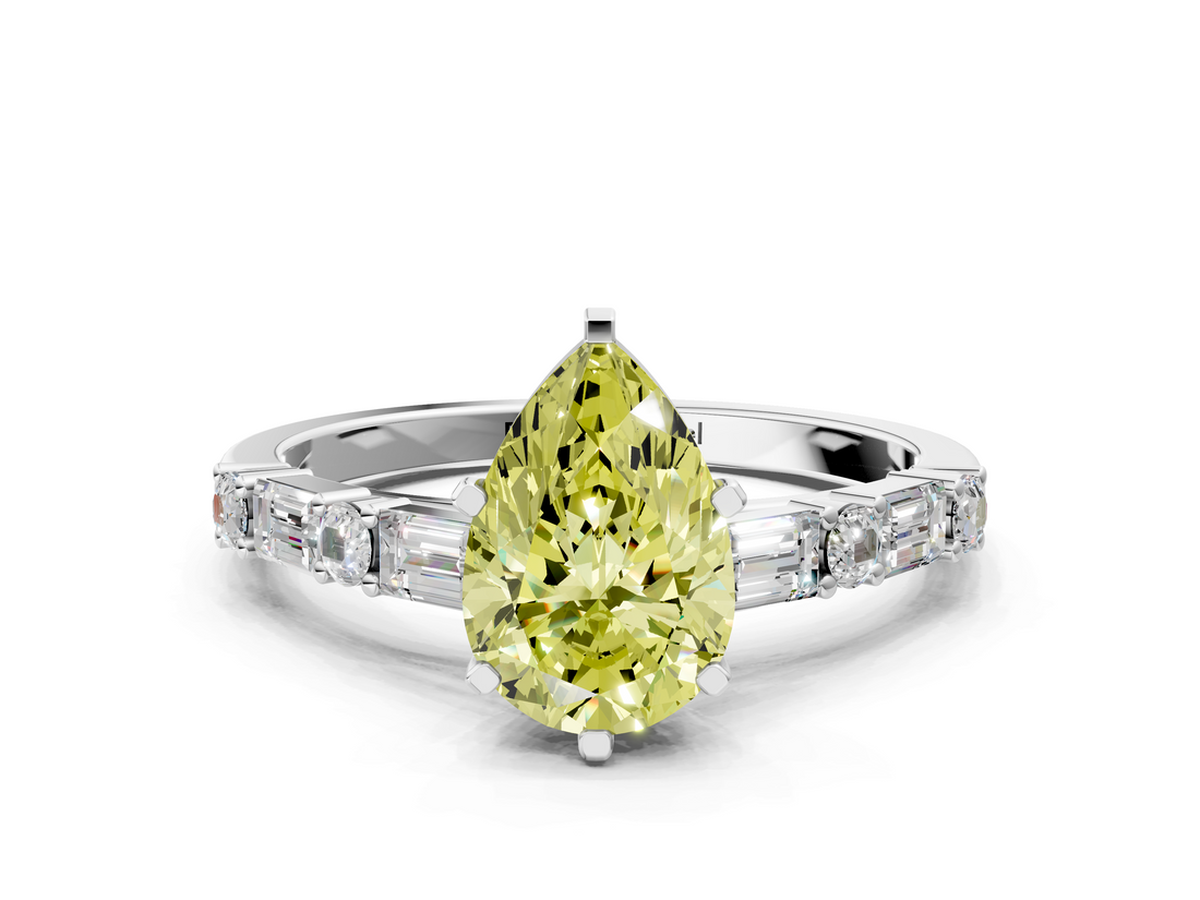 White gold Fancy Yellow Pear  Solitaire with Side Baguettes and Channel Set Band_63