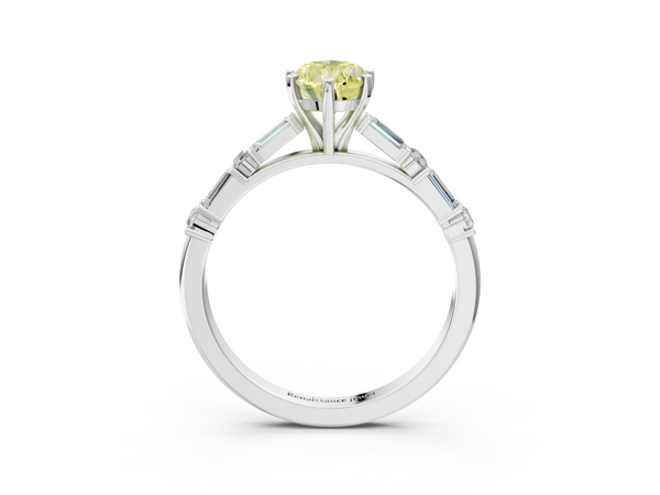 White gold Fancy Yellow Pear Cut Diamond Solitaire with Side Baguettes and Channel Set Band