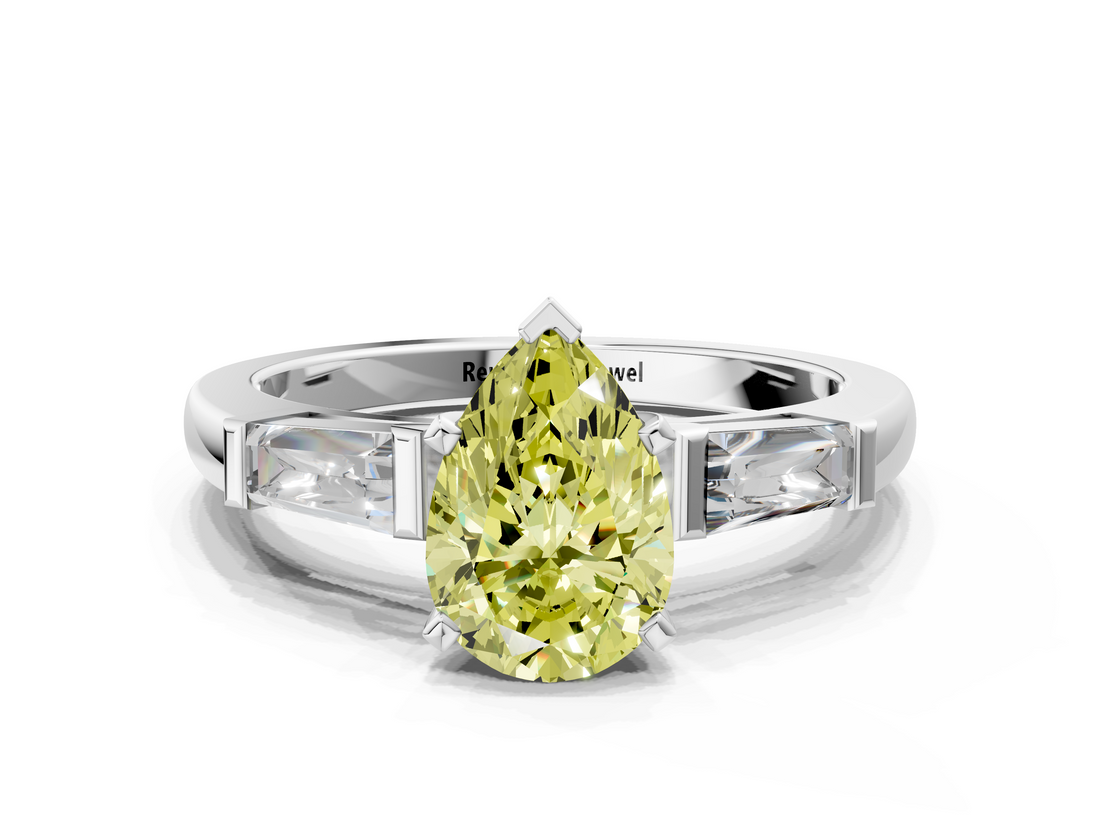 White gold Fancy Yellow Pear  Solitaire with Tapered Baguette Side Stones on a Classic Band with Four-Prong Setting_85