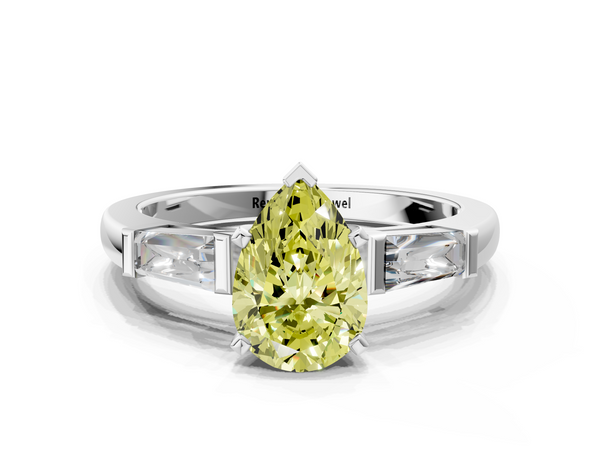 White gold Fancy Yellow Pear  Solitaire with Tapered Baguette Side Stones on a Classic Band with Four-Prong Setting