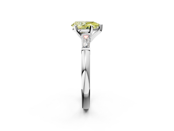 White gold Fancy Yellow Pear  Solitaire with Tapered Baguette Side Stones on a Classic Band with Four-Prong Setting