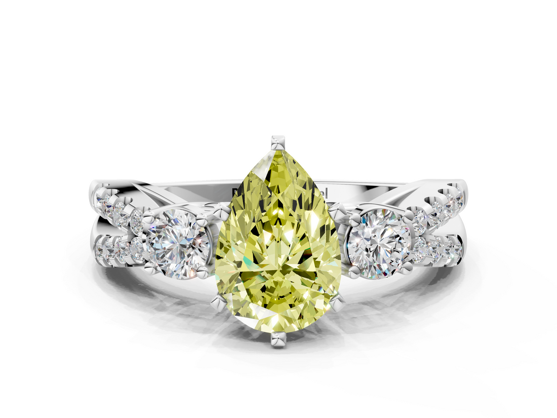 White gold Fancy Yellow Pear  Three-Stone Diamond Ring with Pavé Split Shank and Four-Prong Setting_78
