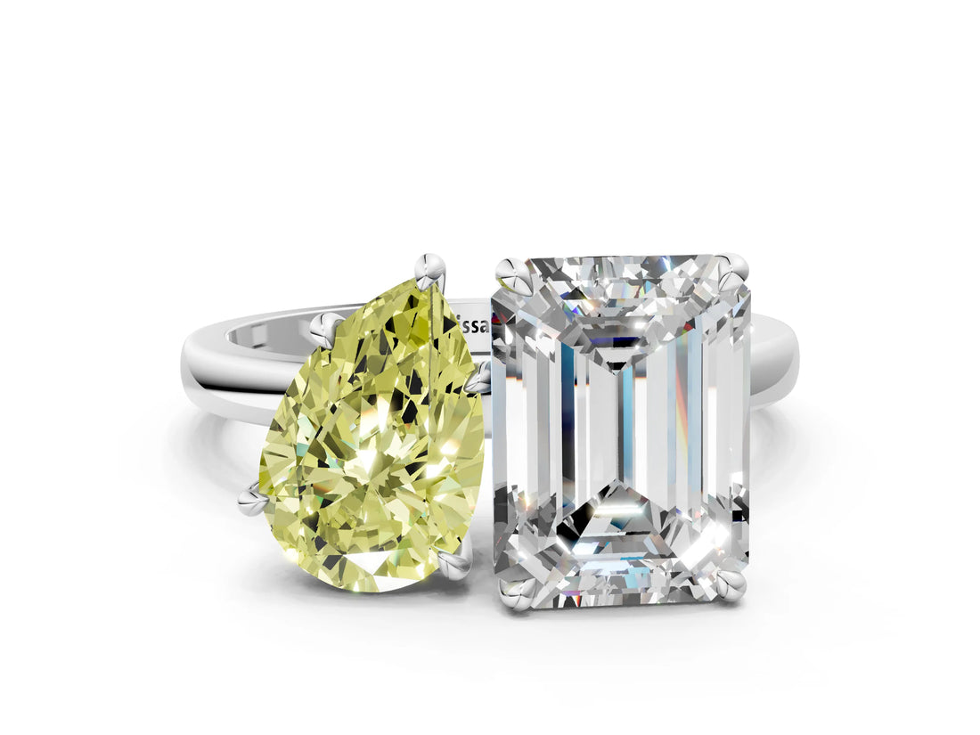 White gold Fancy Yellow Pear  and Emerald Cut Toi Moi Ring with Prong Setting_63