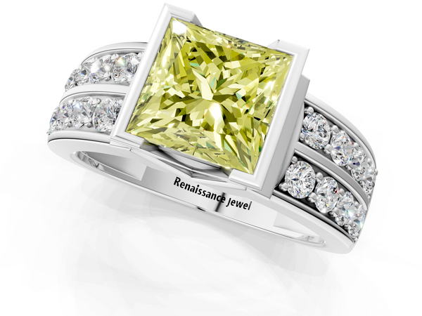 White gold Fancy Yellow Princess  Brilliant Diamond Channel Set Wide Band Ring with Bezel Setting