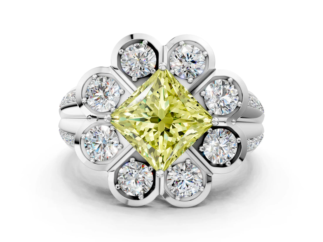 White gold Fancy Yellow Princess  Brilliant Flower Halo Diamond Split Shank Ring_105