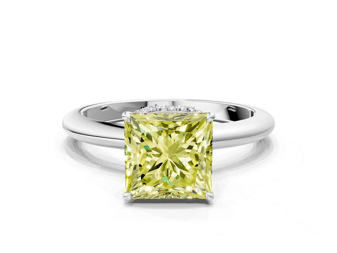 White gold Fancy Yellow Princess  Brilliant Solitaire Engagement Ring with Six-Prong Setting and Classic Band