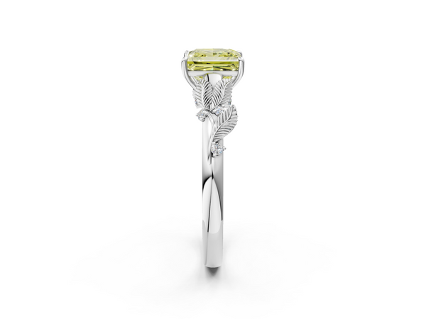 White gold Fancy Yellow Princess Cut Diamond Solitaire Ring with Leaf Motif Band and Four-Prong Setting