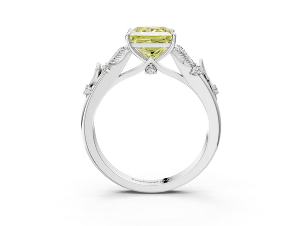 White gold Fancy Yellow Princess Cut Diamond Solitaire Ring with Leaf Motif Band and Four-Prong Setting