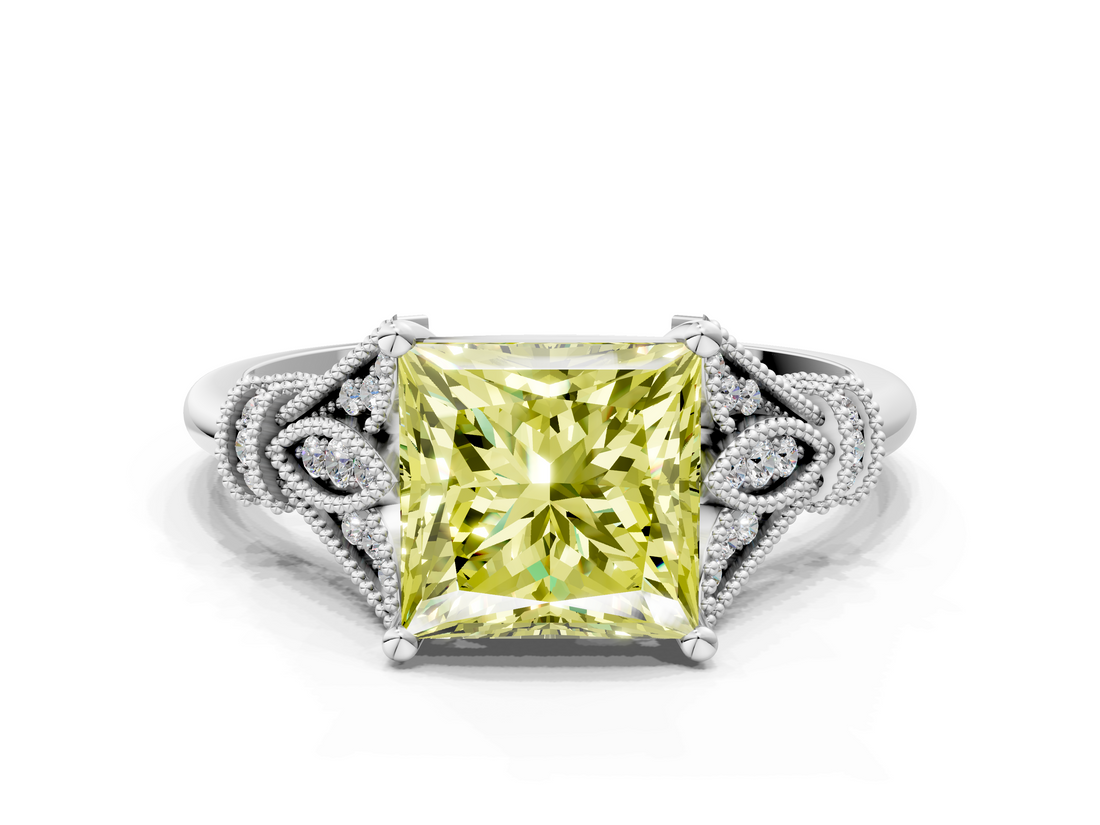 White gold Fancy Yellow Princess  Brilliant Solitaire with Pave Band and Four-Prong Setting