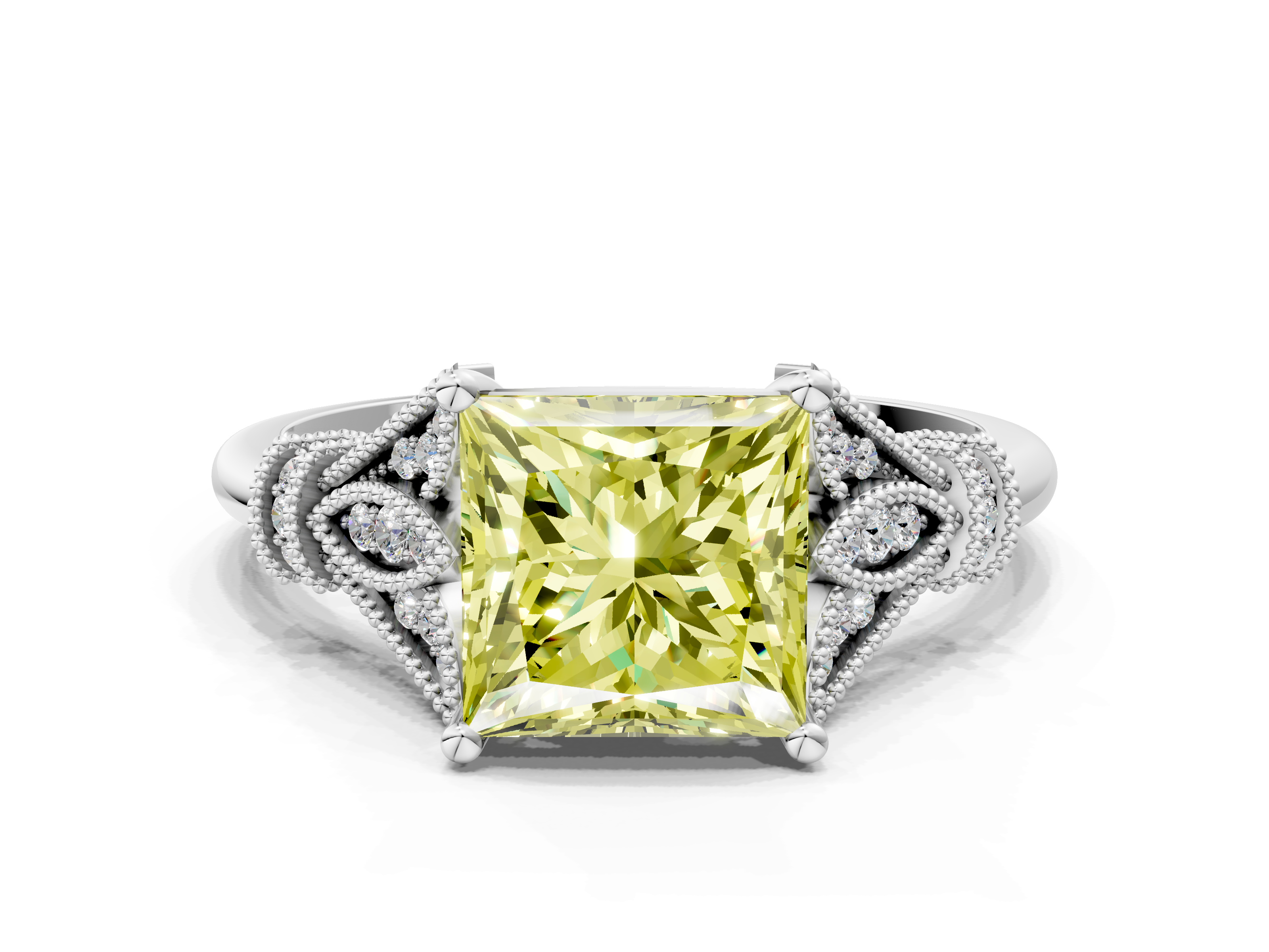 White gold Fancy Yellow Princess Brilliant Solitaire with Pave Band an
