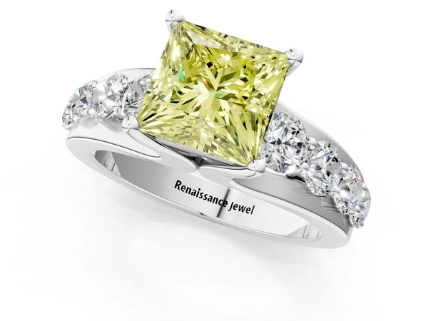 White gold Fancy Yellow Princess  Brilliant Solitaire with Side Stones on a Pave Band and Four-Prong Setting