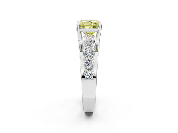 White gold Fancy Yellow Princess  Brilliant Solitaire with Side Stones on a Pave Band and Four-Prong Setting