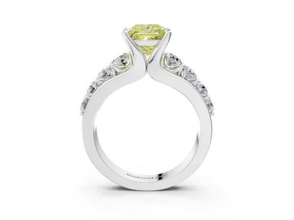 White gold Fancy Yellow Princess  Brilliant Solitaire with Side Stones on a Pave Band and Four-Prong Setting