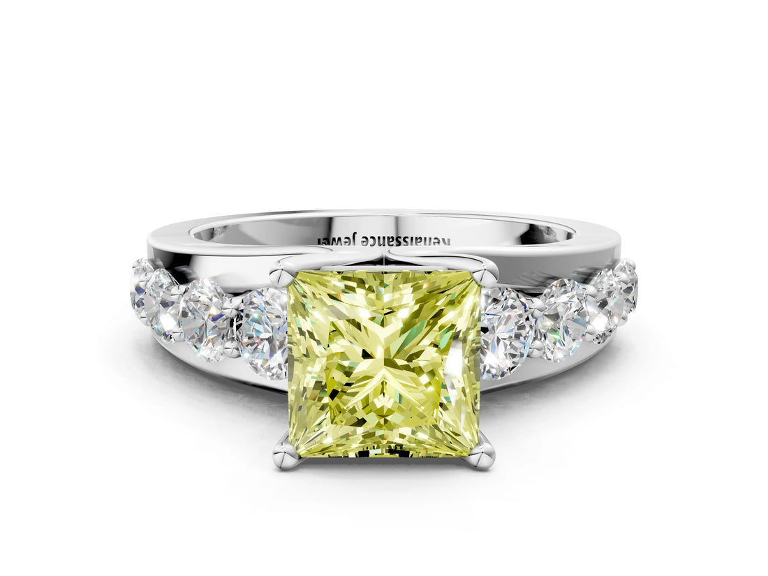 White gold Fancy Yellow Princess  Brilliant Solitaire with Side Stones on a Pave Band and Four-Prong Setting_53