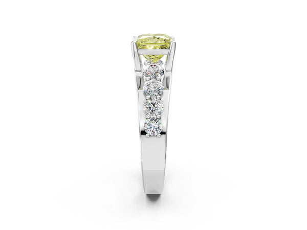 White gold Fancy Yellow Princess  Brilliant Solitaire with Side Stones on a Pave Band and Four-Prong Setting