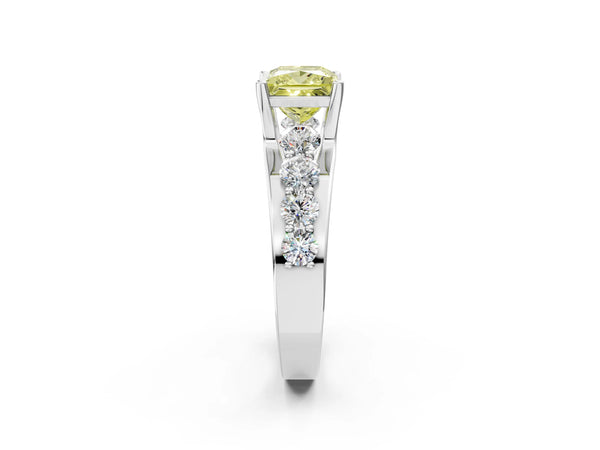 White gold Fancy Yellow Princess  Brilliant Solitaire with Side Stones on a Pave Band and Four-Prong Setting