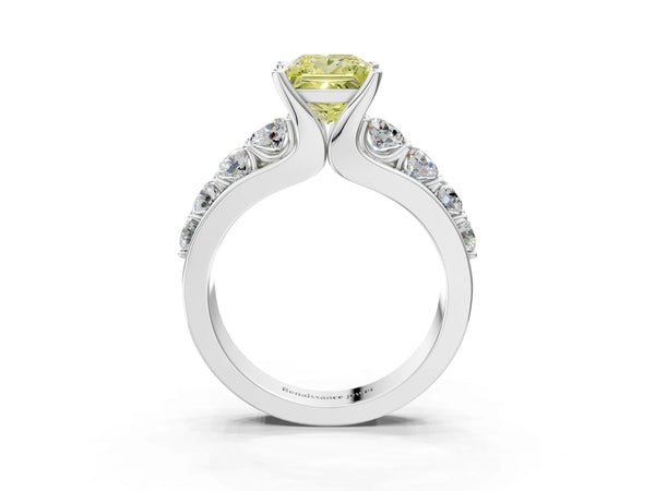 White gold Fancy Yellow Princess  Brilliant Solitaire with Side Stones on a Pave Band and Four-Prong Setting